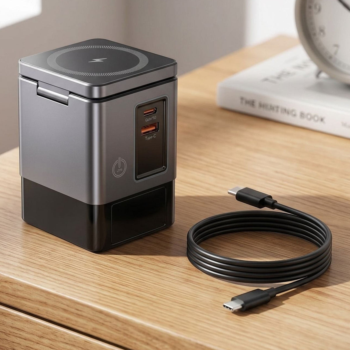 zero2cart 6-in-1 magnetic wireless charging station in grey and black with a Type-C cable on a wooden desk.