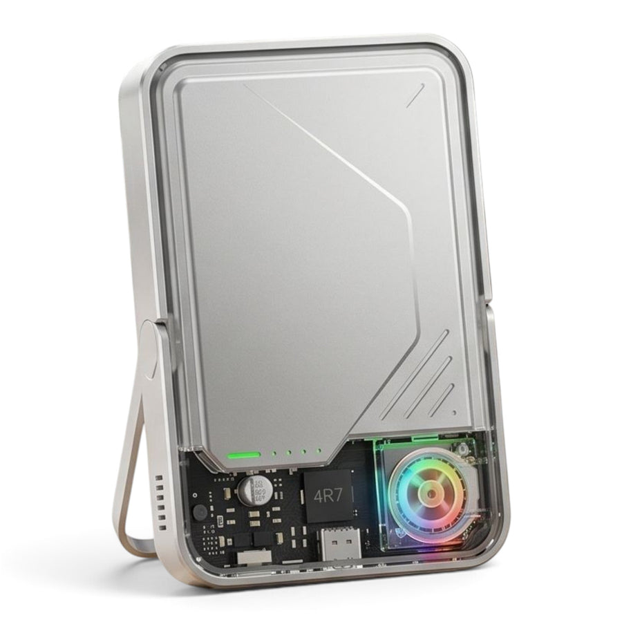 zero2cart 10000mAh magnetic wireless power bank in silver with a built-in kickstand and transparent cooling fan detail