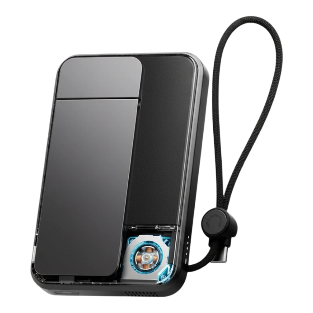 zero2cart 10000mAh magnetic wireless power bank with transparent casing, built-in cable, and cooling fan detail.