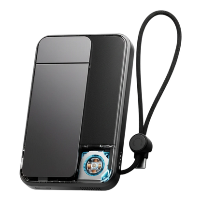 zero2cart 10000mAh magnetic wireless power bank with transparent casing, built-in cable, and cooling fan detail.
