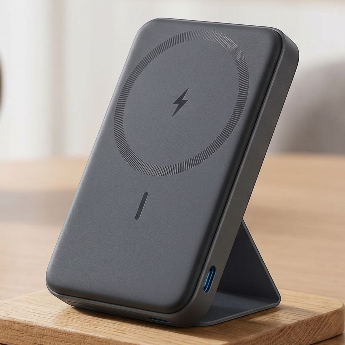 zero2cart slim magnetic wireless power bank in dark grey with a built-in foldable kickstand on a wooden surface.