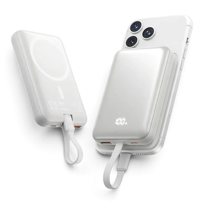 zero2cart 10000mAh magnetic wireless power bank in beige with digital display attached to a smartphone