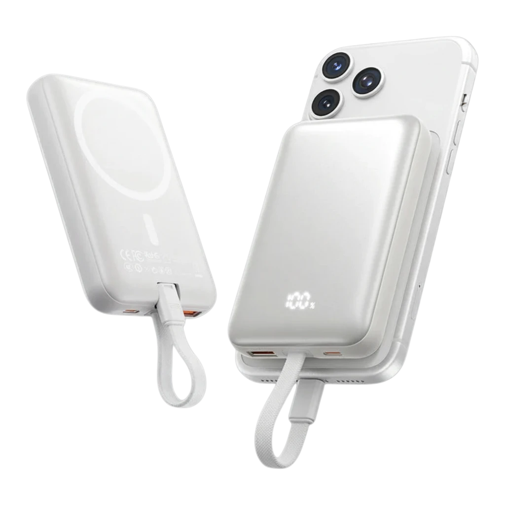 zero2cart 10000mAh magnetic wireless power bank in beige with digital display attached to a smartphone