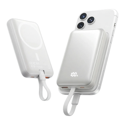 zero2cart 10000mAh magnetic wireless power bank in beige with digital display attached to a smartphone