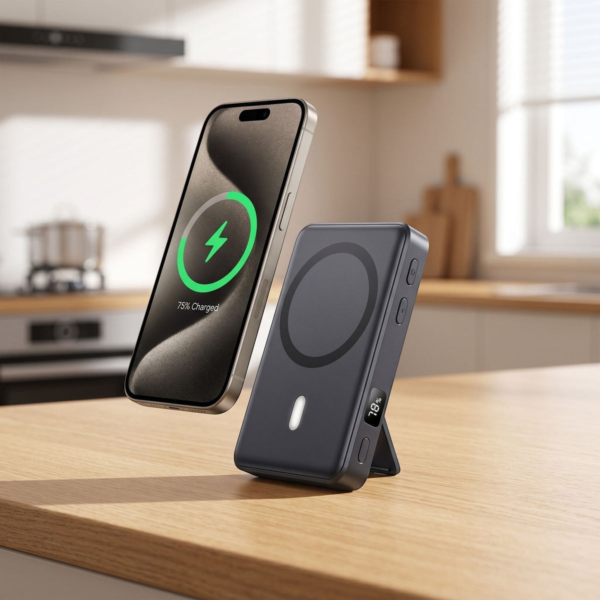 zero2cart 45W magnetic wireless power bank with kickstand and digital display charging a smartphone on a kitchen counter