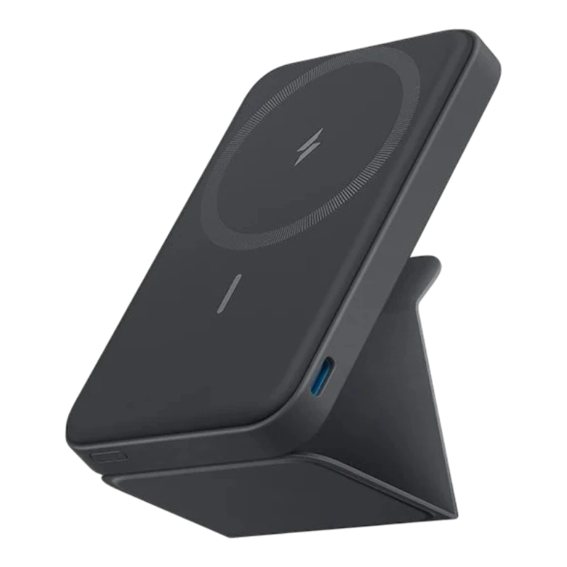zero2cart slim magnetic wireless power bank in matte black with a built-in foldable kickstand and USB-C port.