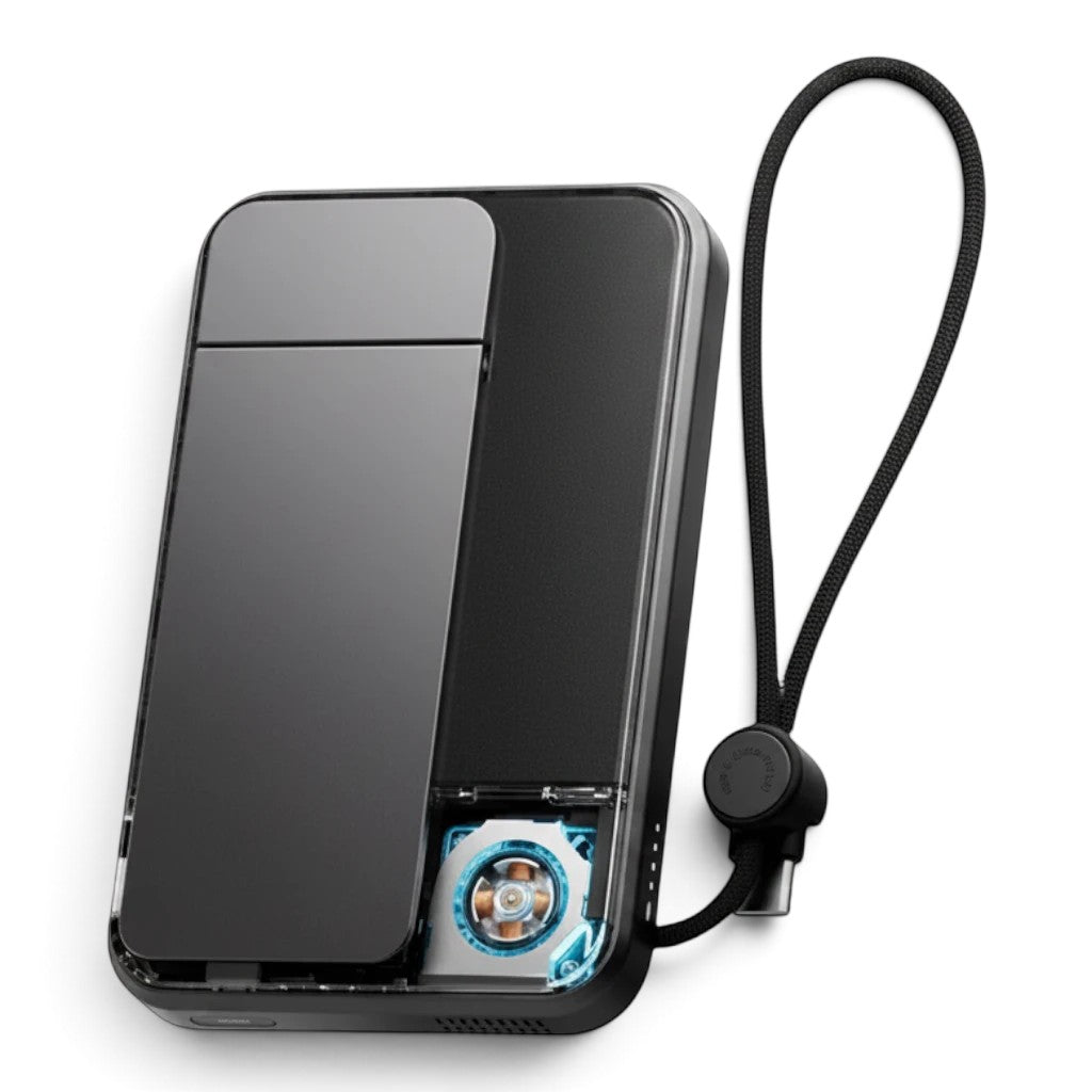 zero2cart 10000mAh magnetic wireless power bank with transparent casing, built-in cable, and cooling fan detail.