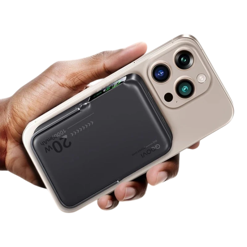 zero2cart 10000mAh magnetic wireless power bank attached to the back of a smartphone for portable charging