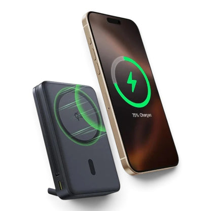 zero2cart 45W magnetic wireless power bank charging a smartphone with a digital display and foldable kickstand