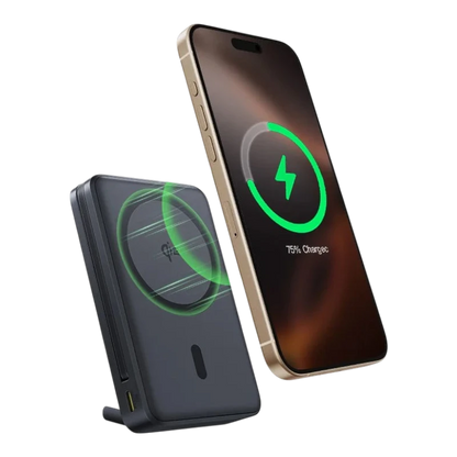 zero2cart 45W magnetic wireless power bank charging a smartphone with a digital display and foldable kickstand