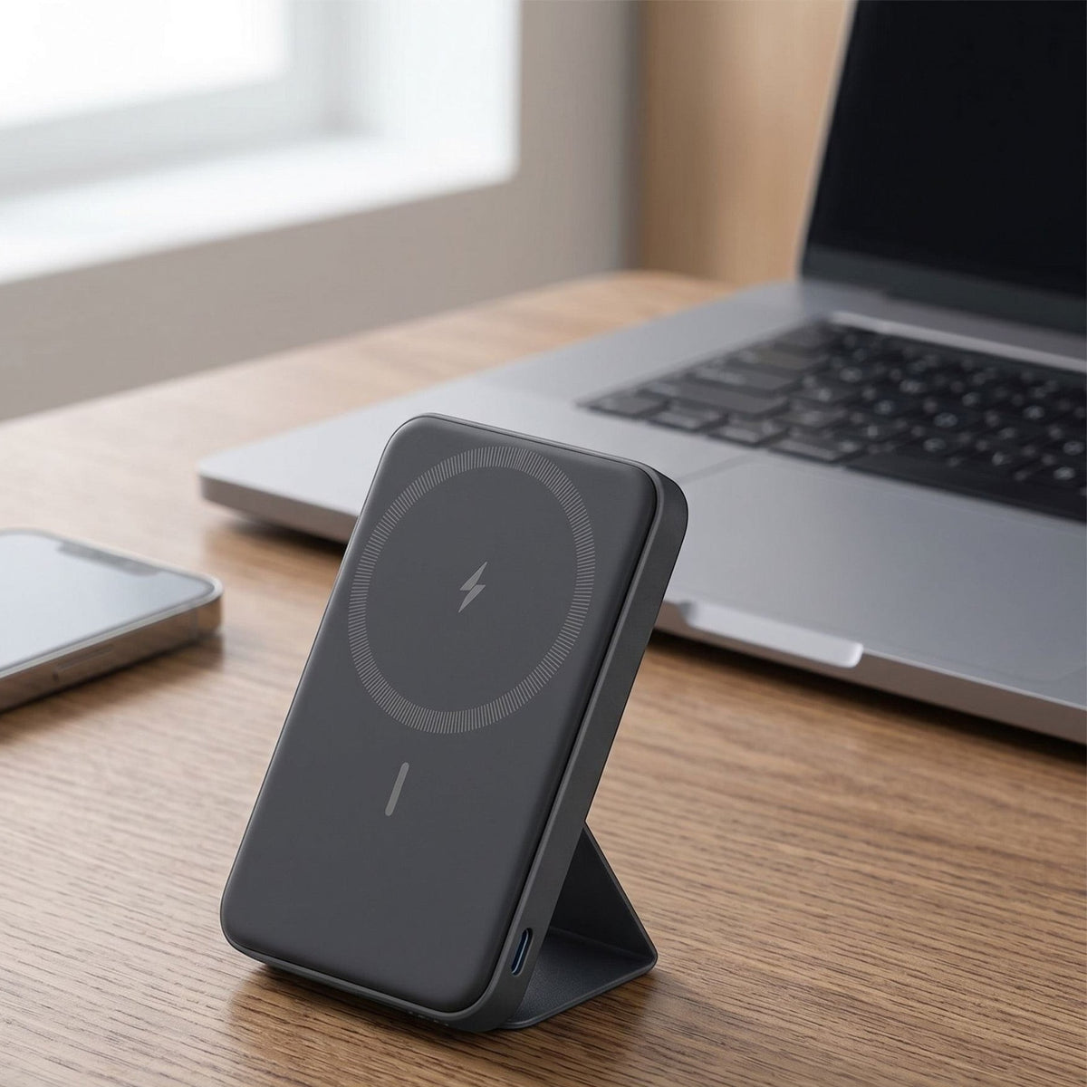 zero2cart magnetic wireless power bank with foldable kickstand in dark grey, sitting on a wooden desk.