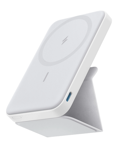 zero2cart white magnetic wireless power bank with a built-in foldable kickstand for hands-free phone viewing