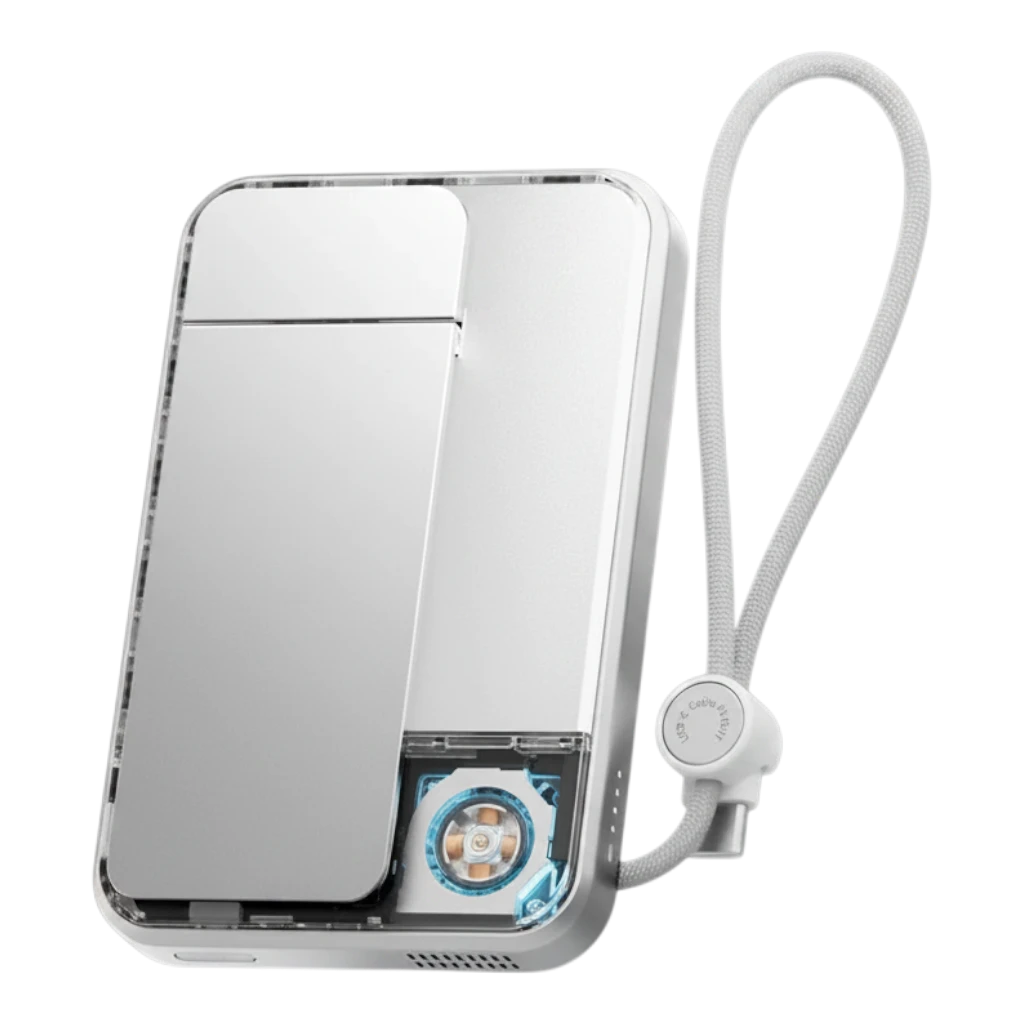 zero2cart 10000mAh magnetic wireless power bank with transparent shell, built-in USB-C cable, and cooling fan.