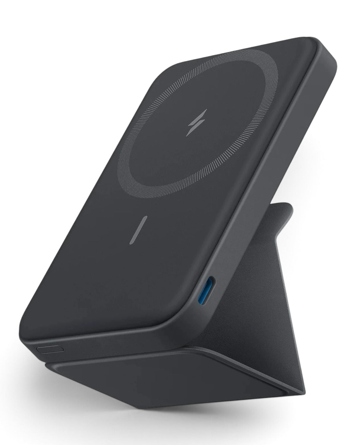 zero2cart slim magnetic wireless power bank in matte black with a built-in foldable kickstand and USB-C port.