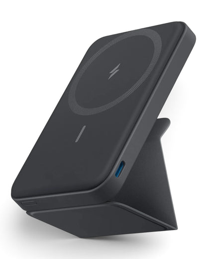 zero2cart slim magnetic wireless power bank in matte black with a built-in foldable kickstand and USB-C port.