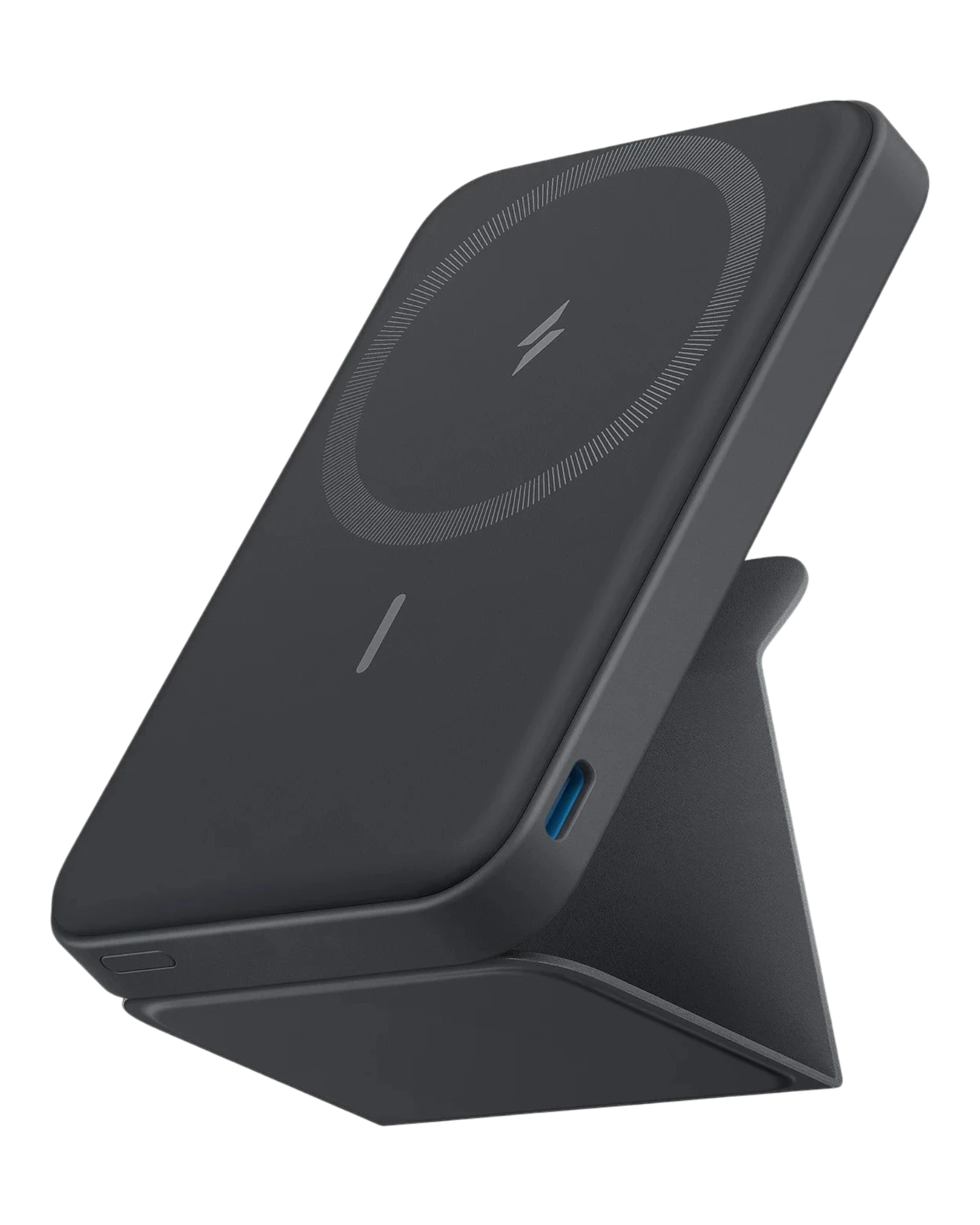 zero2cart slim magnetic wireless power bank in matte black with a built-in foldable kickstand and USB-C port.