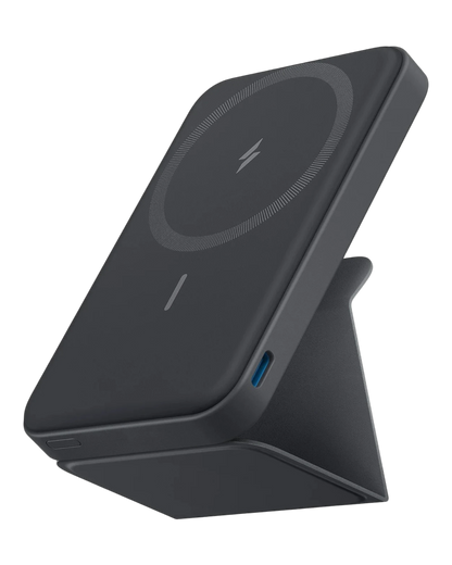 zero2cart slim magnetic wireless power bank in matte black with a built-in foldable kickstand and USB-C port.