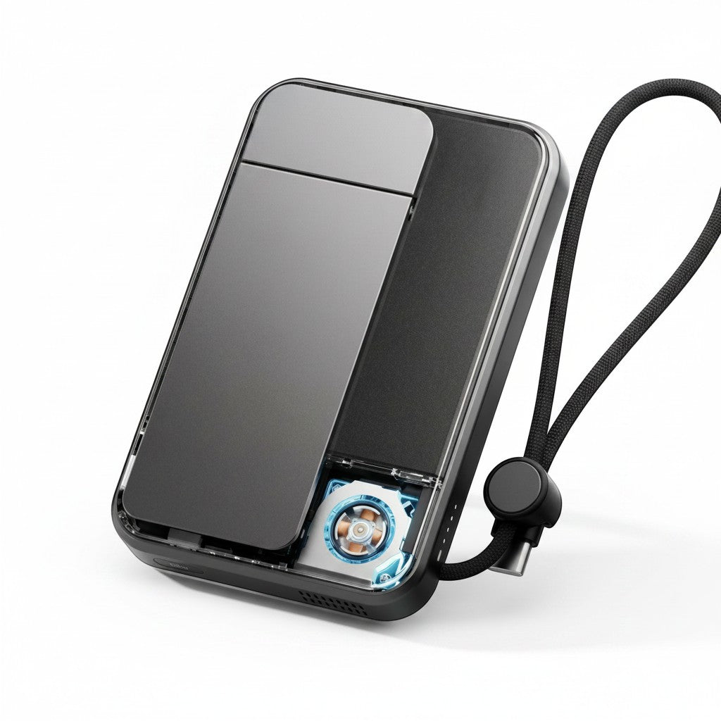 zero2cart 10000mAh magnetic wireless power bank with transparent casing, integrated cooling fan, and USB-C cable.