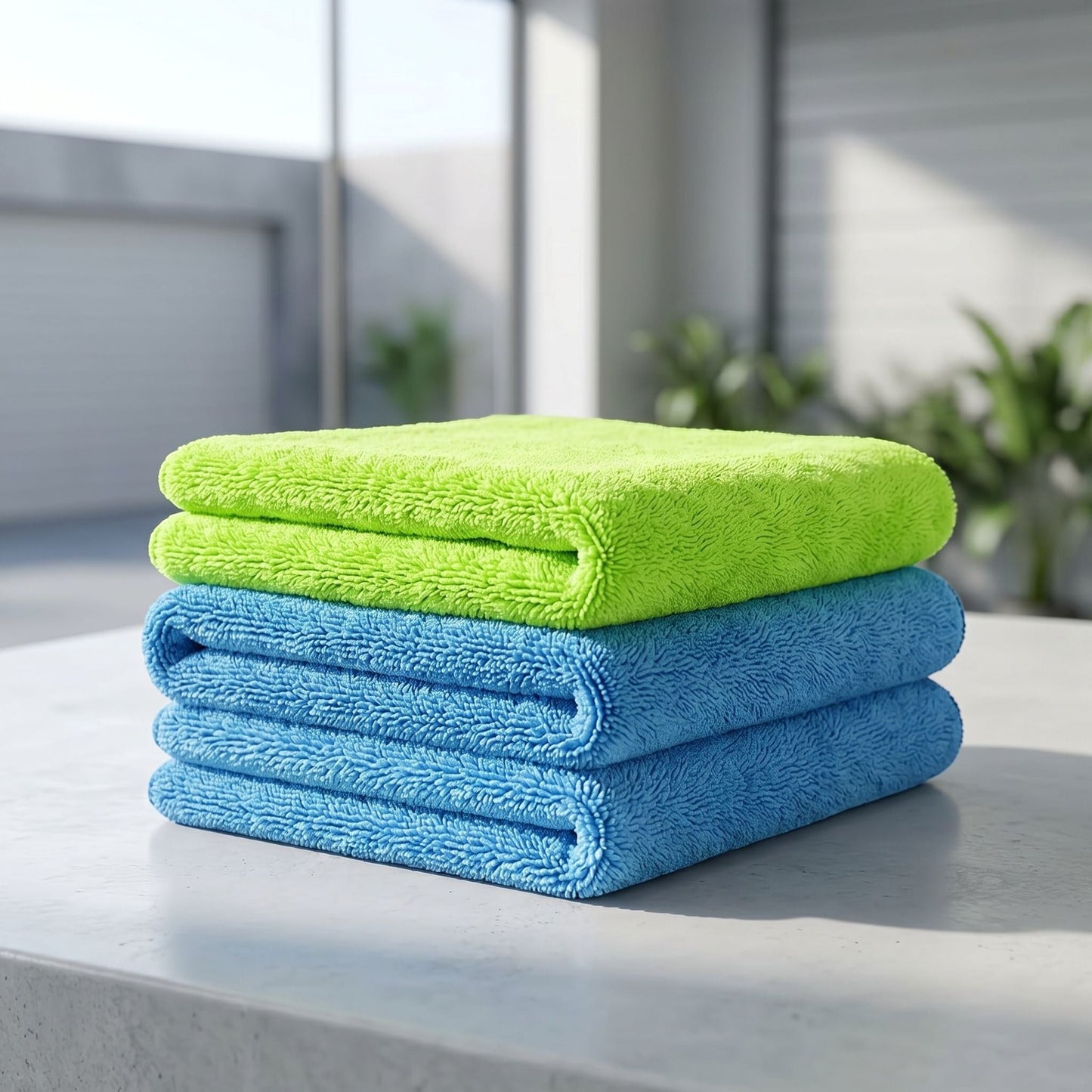 zero2cart thick microfiber car drying towels in bright green and blue stacked on a clean surface