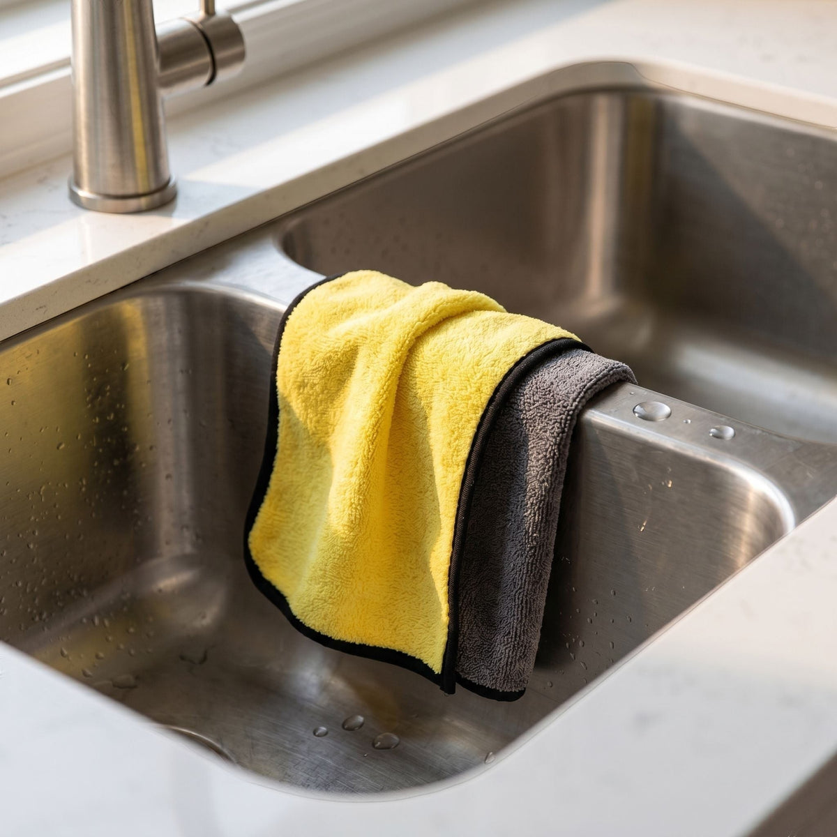 zero2cart microfiber cleaning towels in yellow and grey draped over a stainless steel kitchen sink