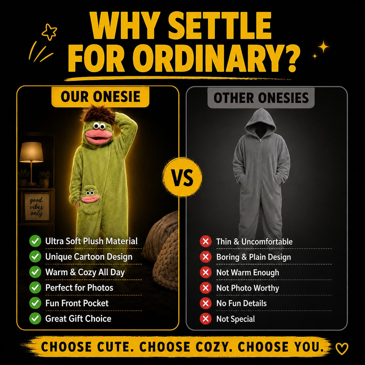 zero2cart monster fleece onesie comparison chart showing a soft green character costume versus a plain grey jumpsuit