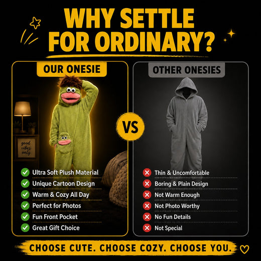 zero2cart monster fleece onesie comparison chart showing a soft green character costume versus a plain grey jumpsuit