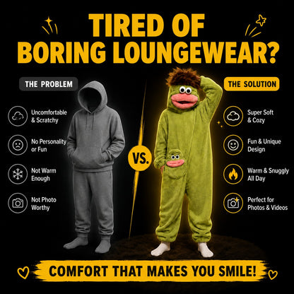 zero2cart monster fleece onesie pajamas for adults featuring a green plush character design with a hood