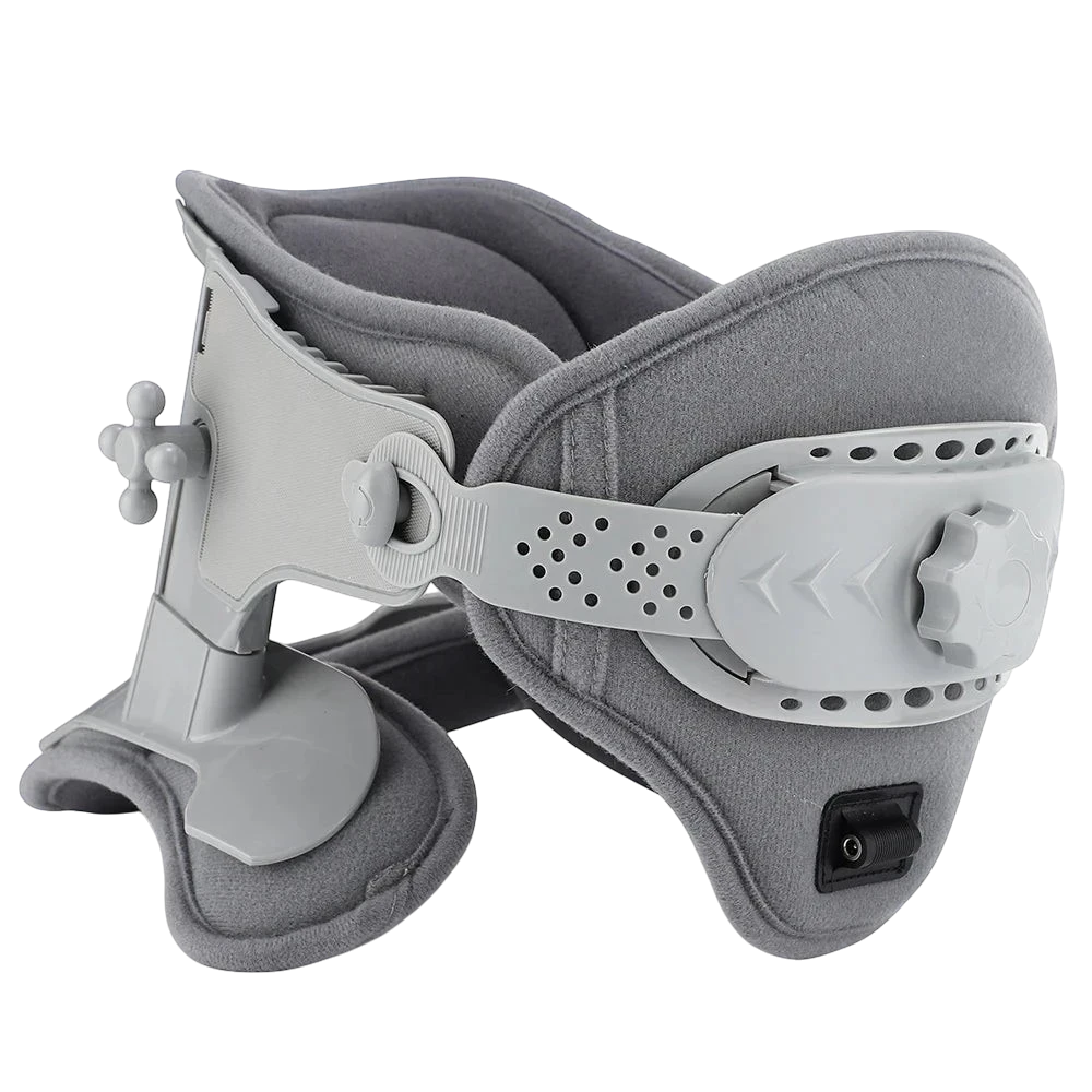 zero2cart 3-in-1 neck cervical traction support collar in grey with adjustable height, heat settings, and USB power.