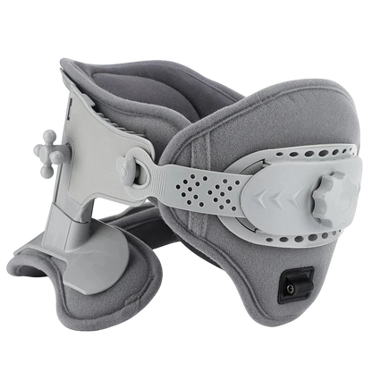zero2cart 3-in-1 neck cervical traction support collar in grey with adjustable height, heat settings, and USB power.