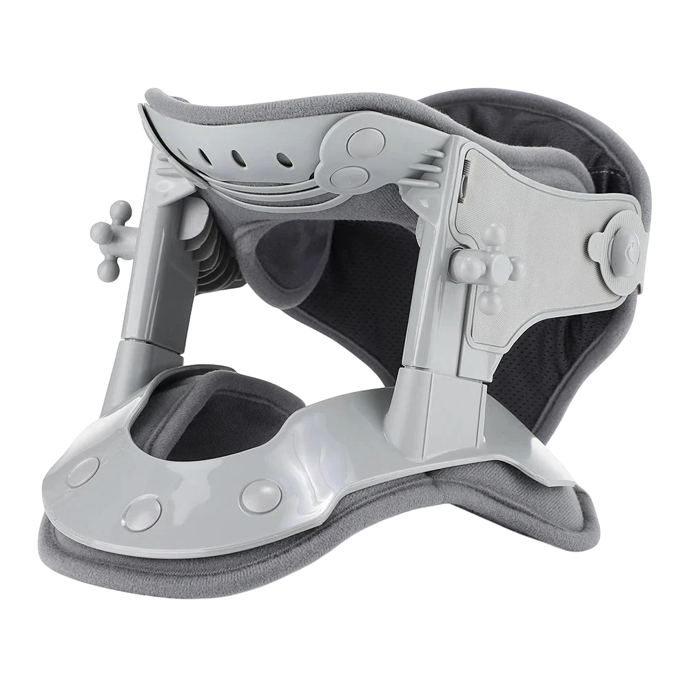 zero2cart 3-in-1 neck support collar with adjustable traction height and heating in grey and blue cotton-woven fabric.