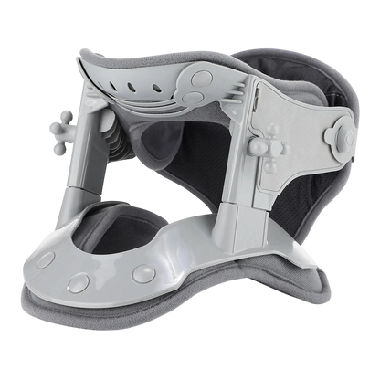 zero2cart 3-in-1 neck support collar with adjustable traction height and heating in grey and blue cotton-woven fabric.