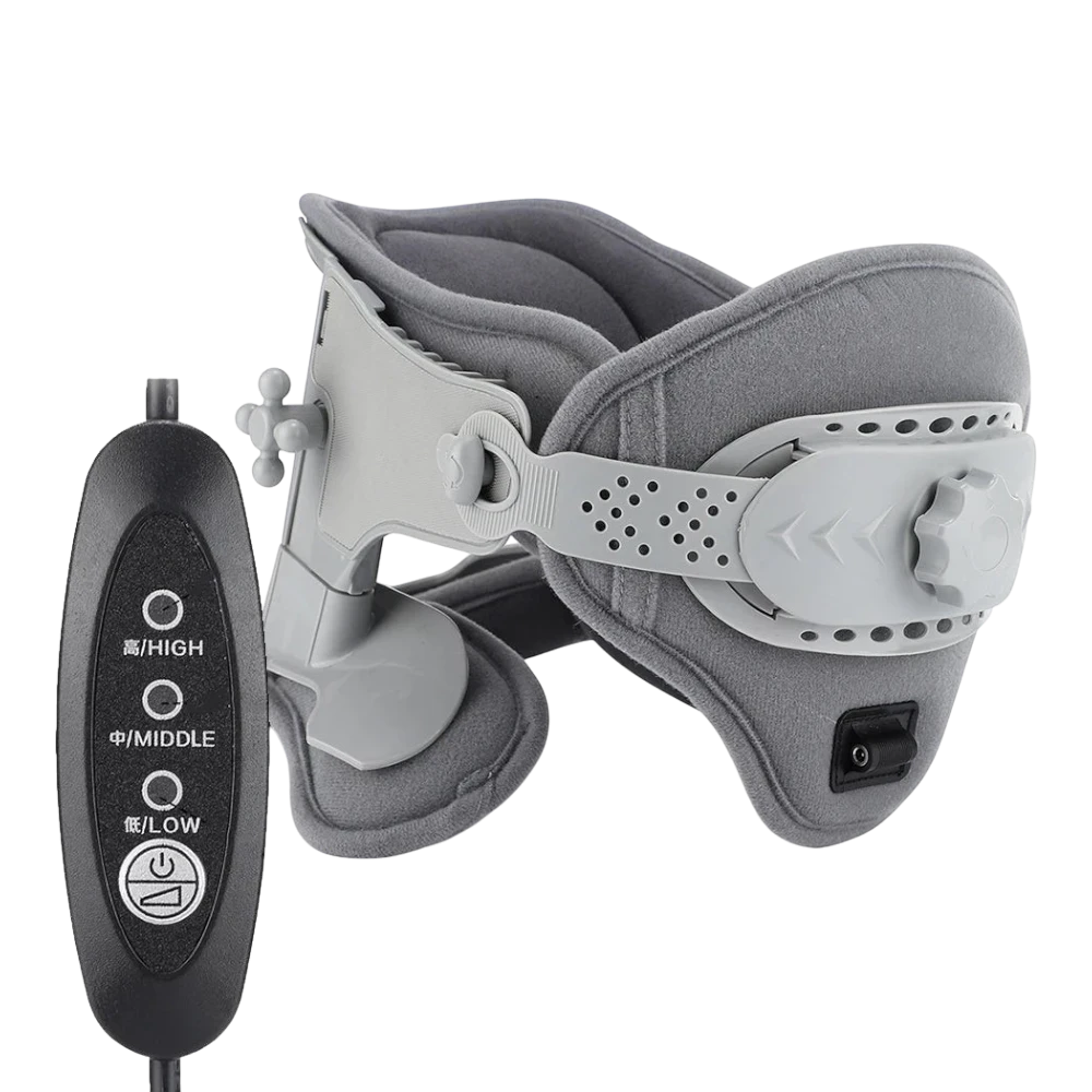 zero2cart 3-in-1 neck cervical traction collar in grey with adjustable height, heat settings, and USB controller.