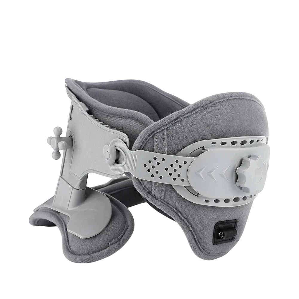 zero2cart 3-in-1 neck support collar in grey and blue with adjustable traction and USB-powered heat settings.