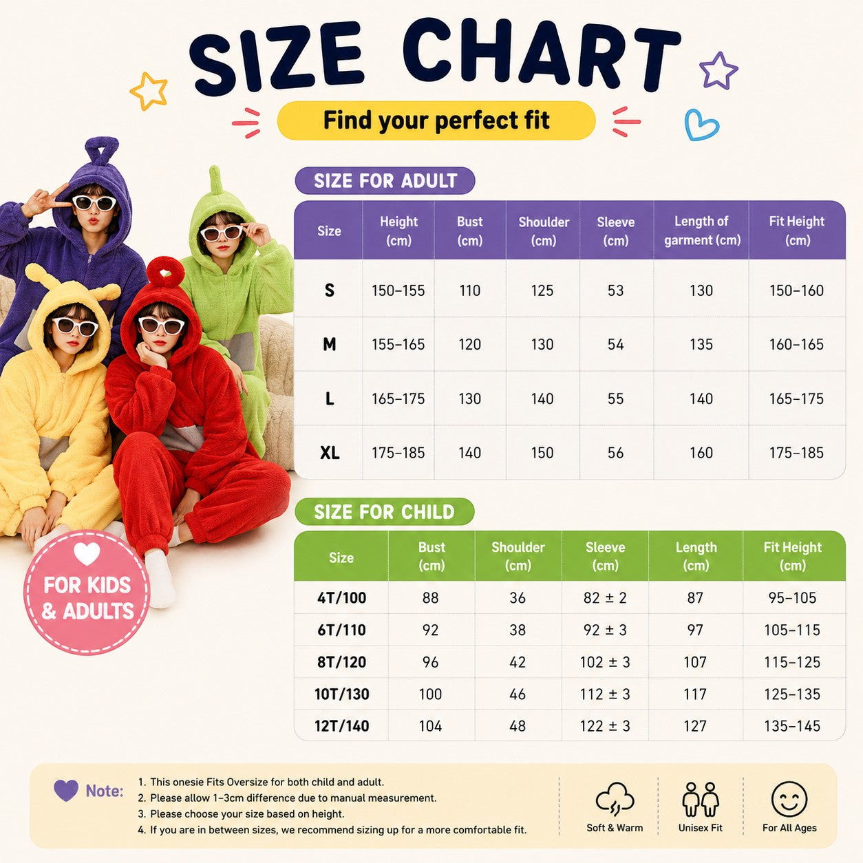 zero2cart size chart for adult and child animal onesie pajamas showing height and measurements for perfect fit