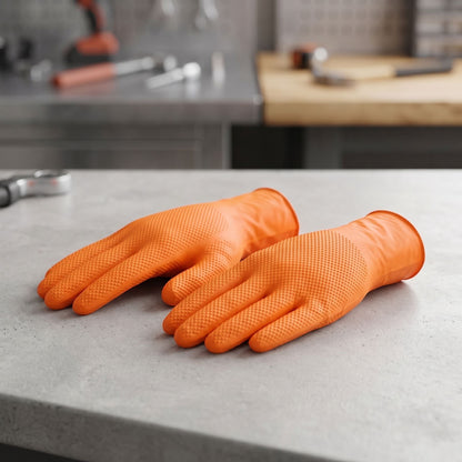 zero2cart heavy duty orange nitrile work gloves with raised diamond texture for superior grip on a workshop table