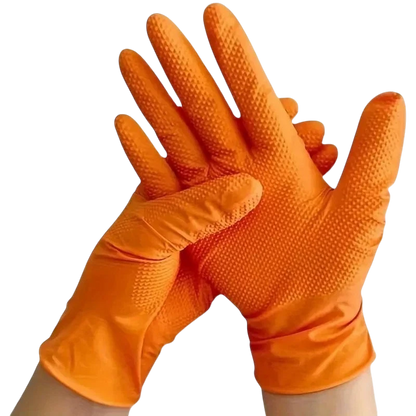 zero2cart heavy duty orange nitrile work gloves with a raised diamond texture for superior grip on a black background
