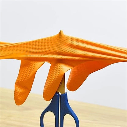 zero2cart heavy duty orange nitrile gloves with raised diamond texture being stretched over scissors for durability