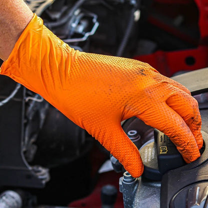 zero2cart heavy-duty orange nitrile gloves with raised diamond texture being used for automotive engine maintenance