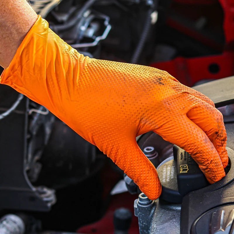 zero2cart heavy-duty orange nitrile gloves with raised diamond texture being used for automotive engine maintenance