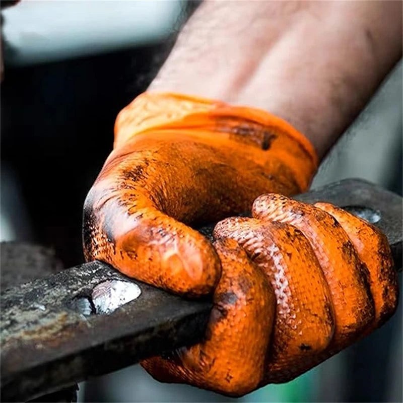 zero2cart heavy duty orange nitrile work gloves with raised diamond texture gripping a metal tool during mechanical work