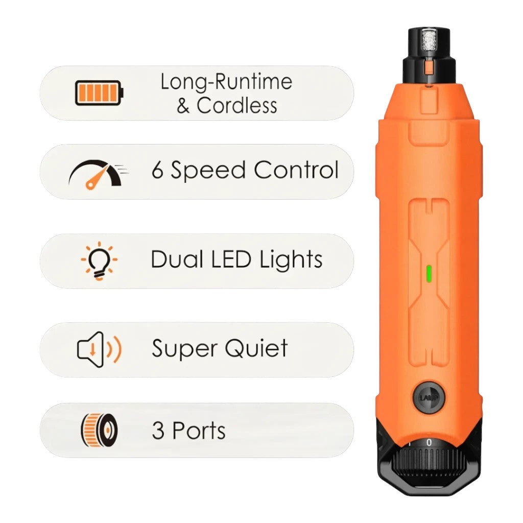 zero2cart rechargeable orange dog nail grinder with 6 speed settings, dual LED lights, and 3 ports for pet grooming