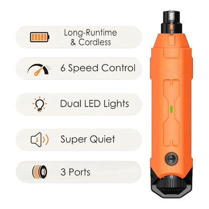 zero2cart rechargeable orange dog nail grinder with 6 speed settings, dual LED lights, and 3 ports for pet grooming