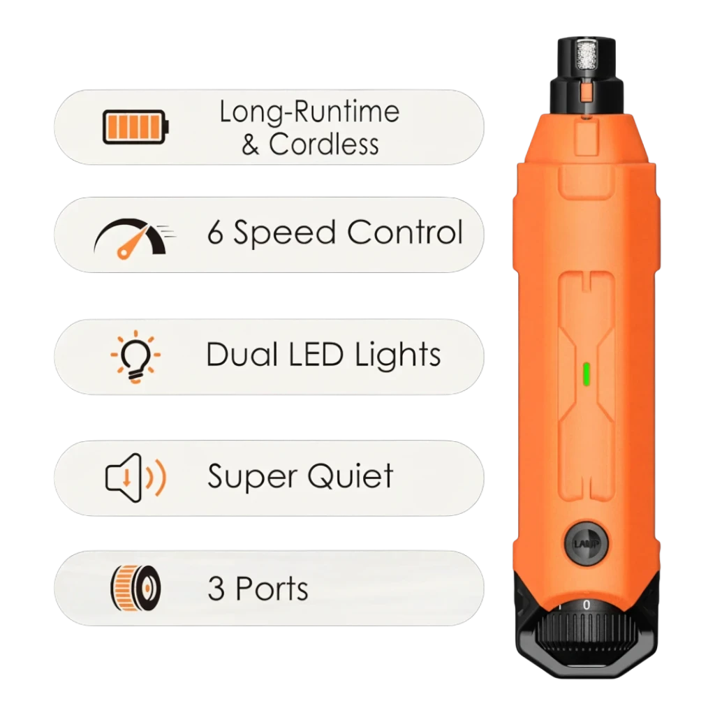 zero2cart rechargeable orange dog nail grinder with 6 speed settings, dual LED lights, and 3 ports for pet grooming