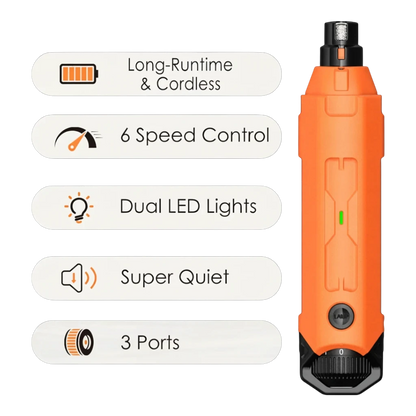 zero2cart rechargeable orange dog nail grinder with 6 speed settings, dual LED lights, and 3 ports for pet grooming