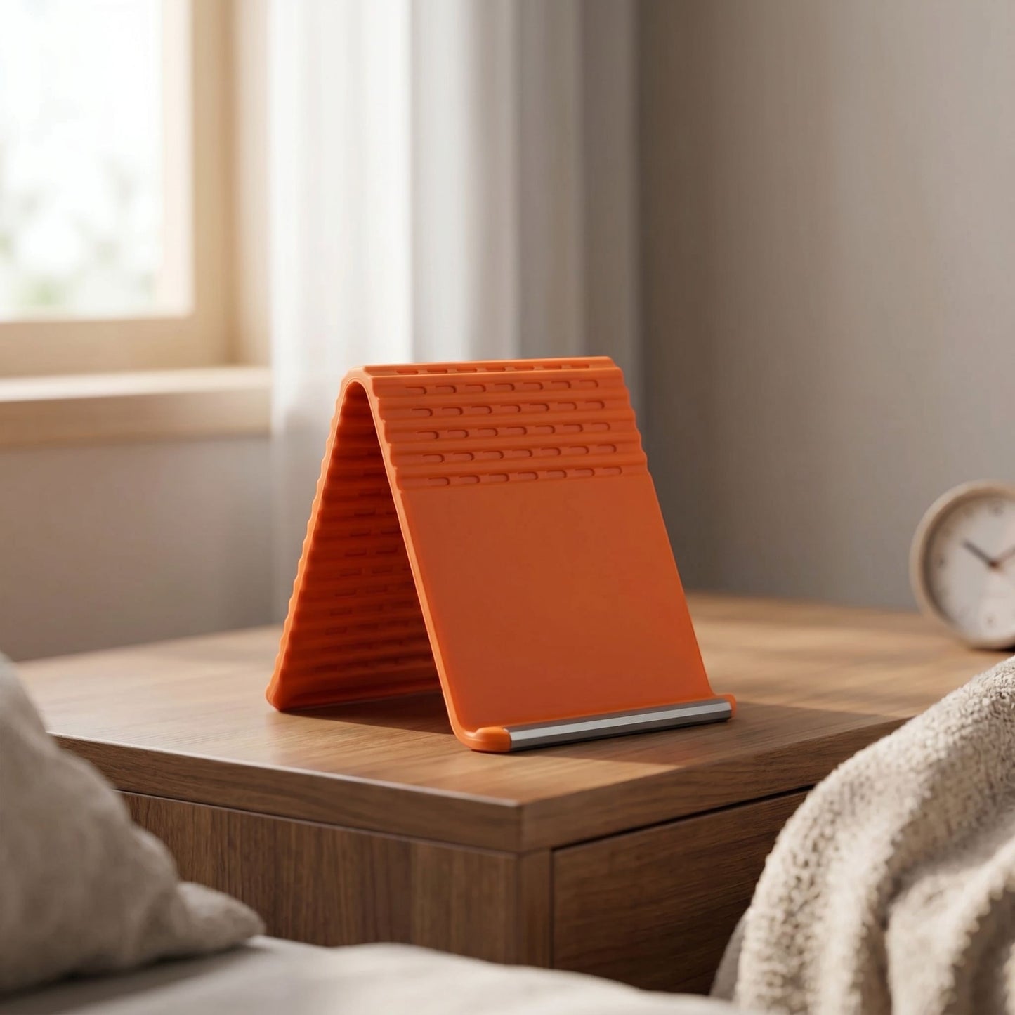 zero2cart orange foldable silicone phone stand on a wooden nightstand for hands-free viewing