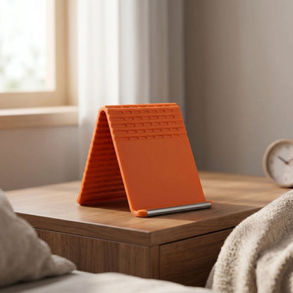 zero2cart orange foldable silicone phone stand on a wooden nightstand for hands-free viewing