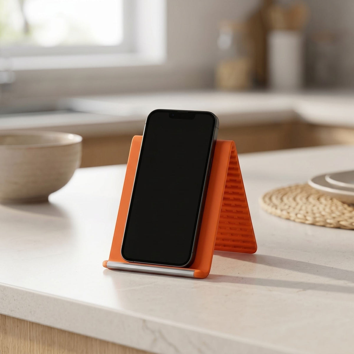 zero2cart orange foldable silicone phone stand holding a smartphone on a kitchen counter for easy viewing