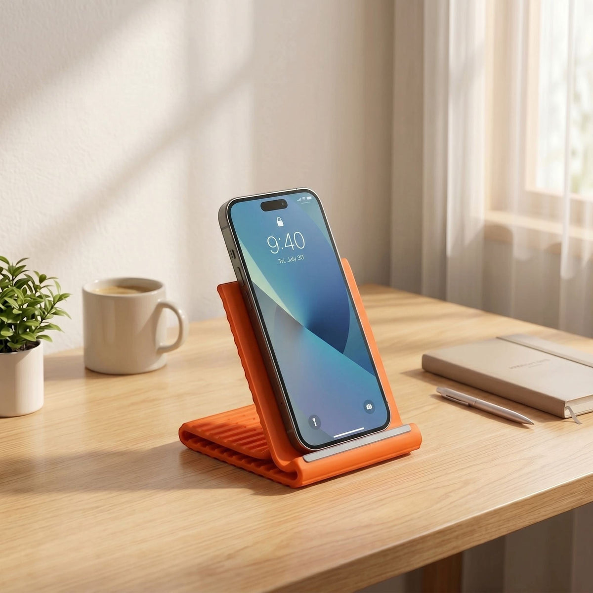 zero2cart orange foldable silicone phone stand holding a smartphone on a wooden desk with a coffee mug and notebook