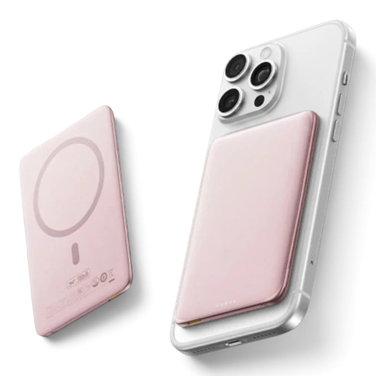zero2cart ultra-slim pink magnetic 5000mAh wireless power bank attached to a white smartphone