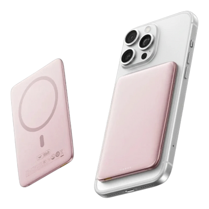 zero2cart ultra-slim pink magnetic 5000mAh wireless power bank attached to a white smartphone